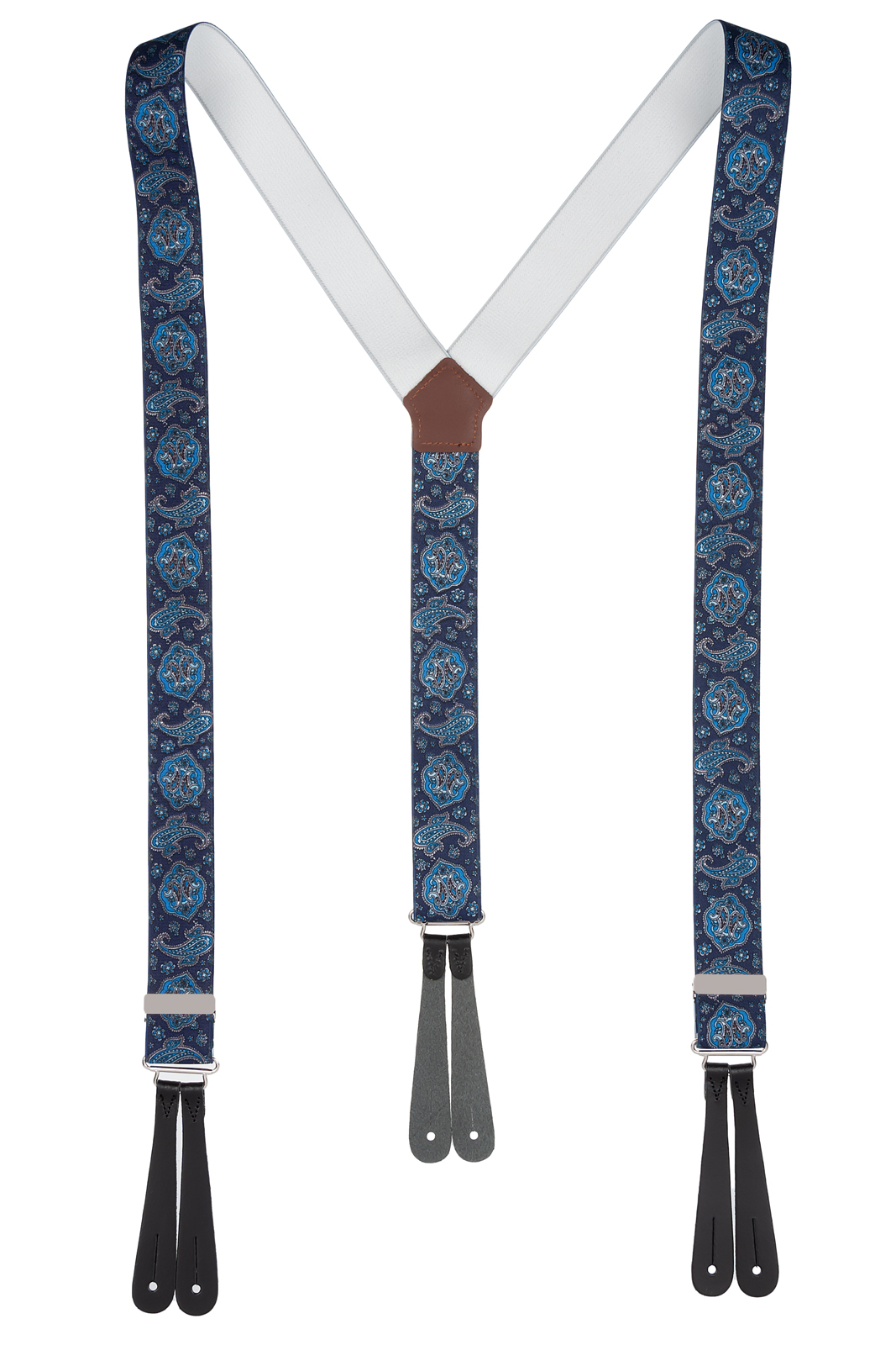 Mixed Blue Paisley Button Braces with Leather Ends
