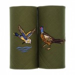 Box of 2 Embroidered Country Duck and Pheasant Green Handkerchiefs
