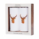 Box of 2 Embroidered Stags on White Handkerchiefs