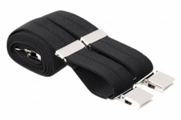 British made black trouser braces with strong silver coloured large clips. These black braces are made from strong stretchable 35mm wide elastic with a herringbone style design and a subtle central thin stripe. by Mandittions