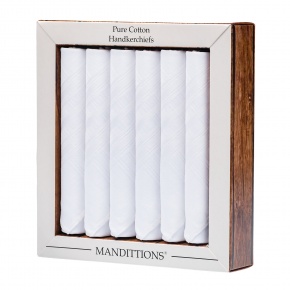 Boxed Set of 6 White Cotton Handkerchiefs for Men by MANDITTIONS
