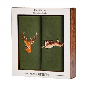 green mens handkerchiefs embroidered with country stag and hare