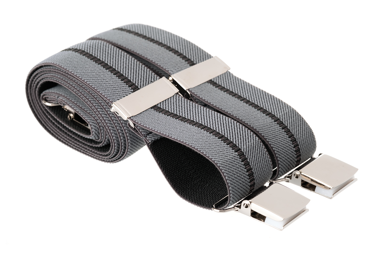 British made silver grey trouser braces with strong silver coloured large clips. These grey braces are made from strong stretchable 35mm wide elastic with a herringbone style design and a subtle central thin stripe by Mandittions