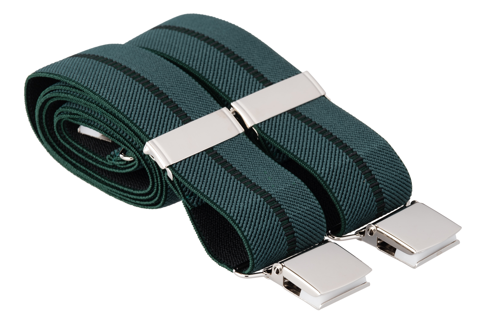British made peacock green trouser braces with strong silver coloured large clips. These green braces are made from strong stretchable 35mm wide elastic with a herringbone style design and a subtle central thin stripe. UK made by Mandittions