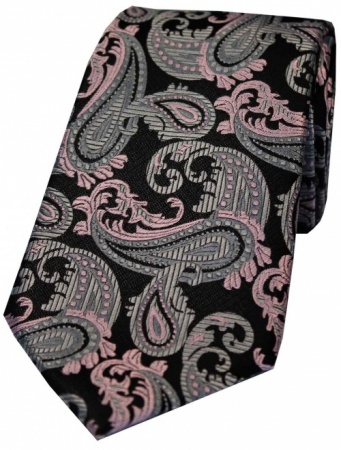 Black Pink and Grey Paisley Silk Tie