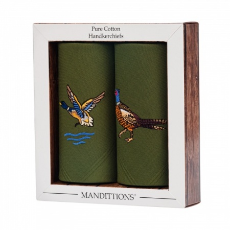 Box of 2 Embroidered Country Duck and Pheasant Green Handkerchiefs