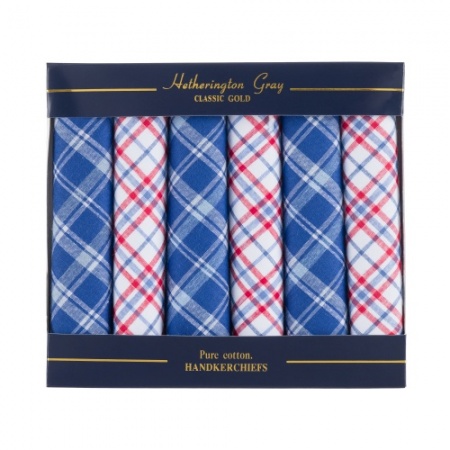 Box of 6 Blue and Red Checked Handkerchiefs