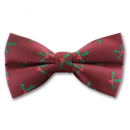 Burgundy Christmas Bow Tie With Holly