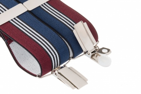 Red & Navy Blue Striped Trouser Braces  With White Leather Dual 2 In 1 Button And Clip Attachment P9652