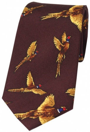 Burgundy Wine Silk Tie with Country Pheasants