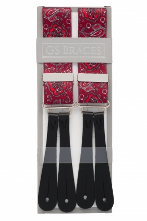 Deep Red Paisley Button Braces With Leather Ends