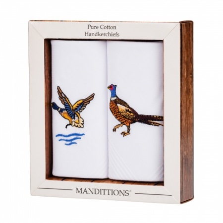 Embroidered Flying Duck and Country Pheasant Handkerchiefs