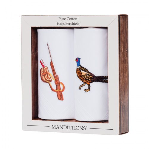 Embroidered Pheasant and Gun White Handkerchief Gents Shop