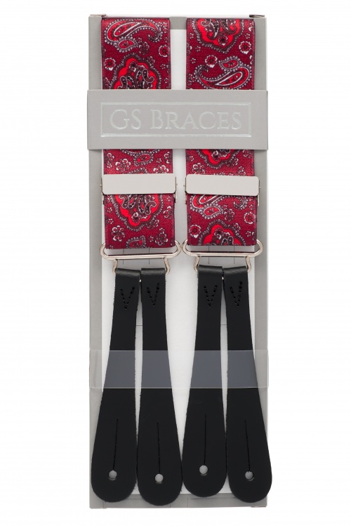 Deep Red Paisley Button Braces Leather Ends - Gents Shop