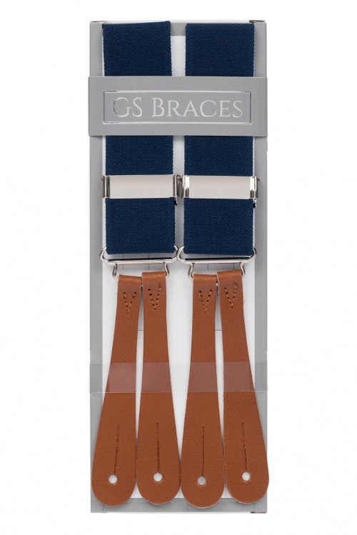 Navy Blue Button On Braces With Tan Leather Ends Gents Shop