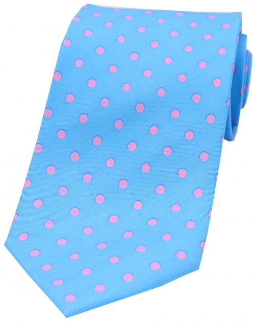 pink tie with blue polka dots