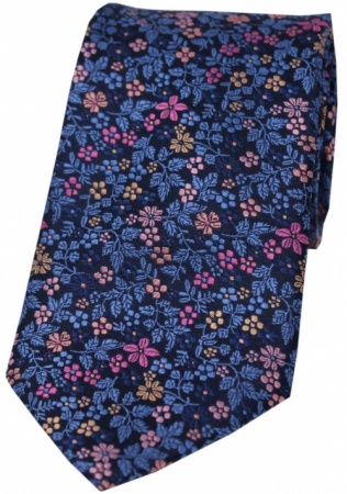 Luxury Navy Blue Silk Tie with Small Multicoloured Flowers