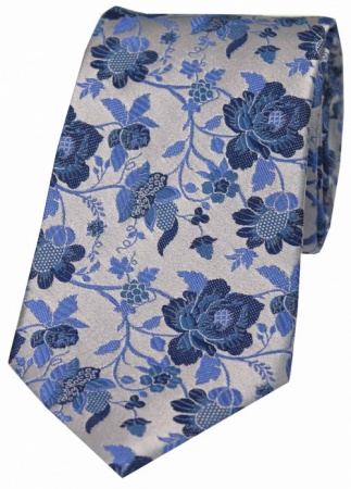 Luxury Silk Floral Tie in Silver and Blue