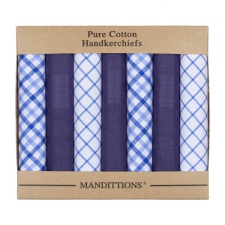 Mixed Plain Navy and Blue and White Checked Patterned Handkerchiefs