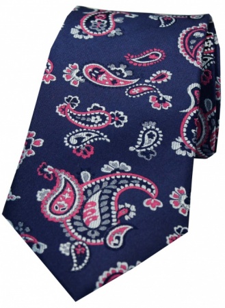 Navy Blue and Fuchsia Pink Edwardian Paisley Silk Tie