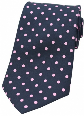 Navy Blue Silk Tie with Pink Polka Dots