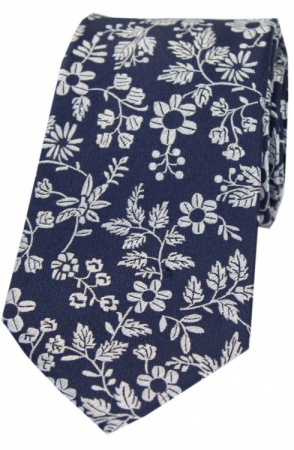 Navy Blue Silk Tie with White Flowers