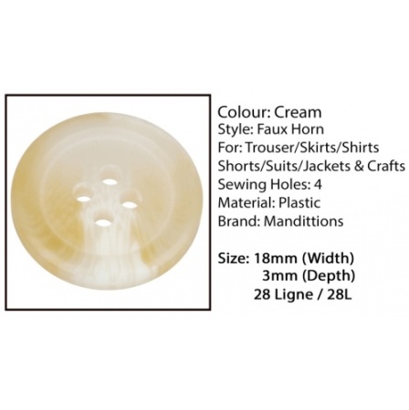 Pack of 6 Cream Mock Horn Buttons 18mm 28 Ligne - Gents Shop