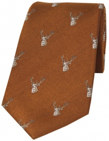 Stags Heads On Brown Rust Country Silk Tie