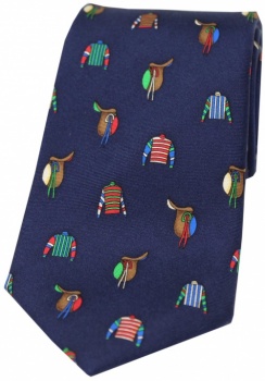 Blue Silk Tie With Horse Racing Colours and Saddles
