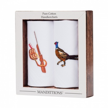 Box of 2 Embroidered Pheasant and Gun White Handkerchiefs