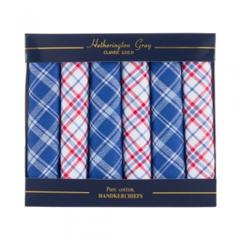 Box of 6 Blue and Red Checked Handkerchiefs