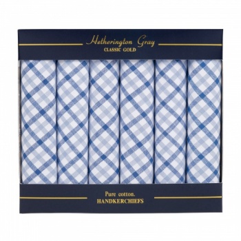 Boxed Set of 6 Navy Blue and White Checked Handkerchiefs