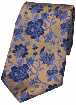 Bronze and Blue Floral Patterned Silk Tie