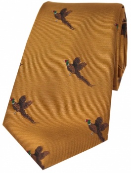 Country Flying Pheasants on a Gold Silk Tie
