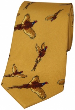 Country Flying Pheasants On a Mustard Yellow Silk Tie