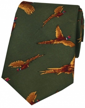 Birds Design On Forest Green Country Silk Tie 