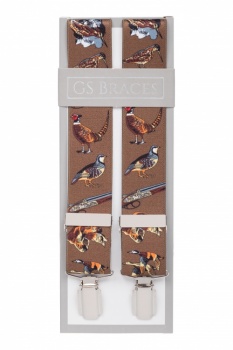 Country Themed Brown Trouser Braces with Pheasants and Dogs Silver Clips