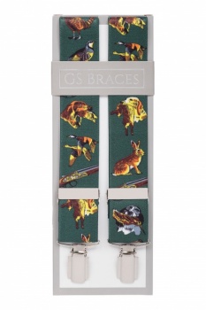 Country Themed Green Trouser Braces with Pheasants and Dogs Silver Clips