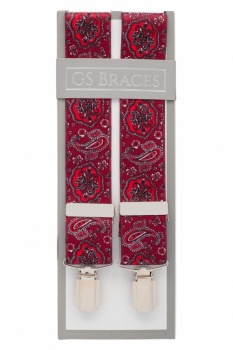 Deep Red Mens Trouser Braces with Burgundy Paisley Design