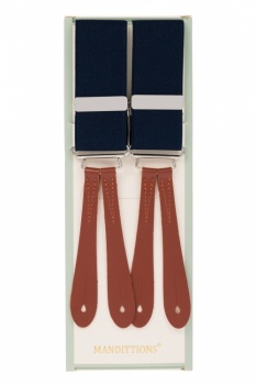 Midnight Blue Button on Trouser Braces with Dark Tan Leather Ends