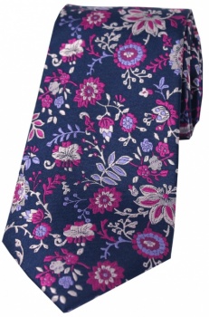 Navy Blue Purple and Fuchsia Pink Floral Silk Tie