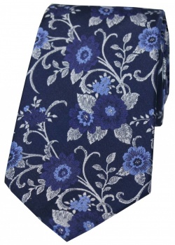 Navy Blue Silk Tie with Blue Flowers