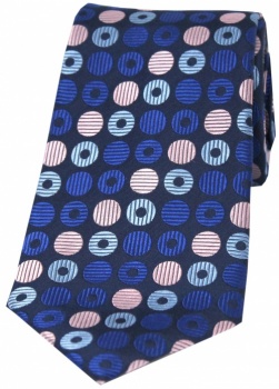 Posh and Dandy Navy Blue Silk Tie with Multi Coloured Circles in Mixed Blues and Pink