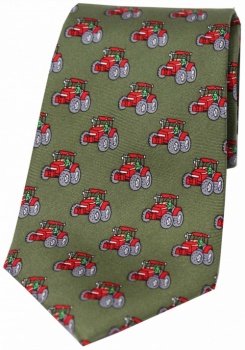 Red Farm Tractors on a Green Silk Tie