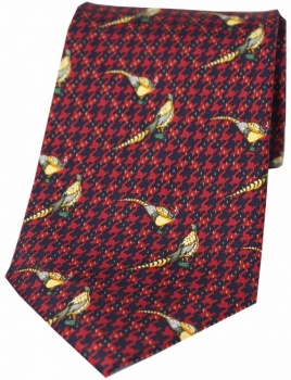 Silk Tie with Country Pheasants on a Wine Tweed Background