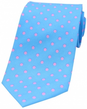 Sky Blue Silk Tie with Pink Polka Dots