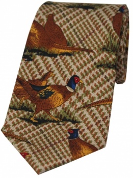 Standing Pheasants On a Brown Tweed Background Country Silk Tie