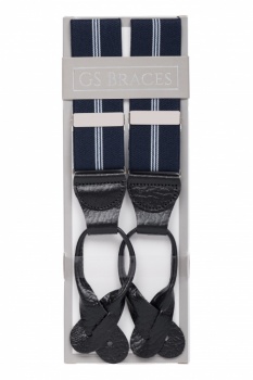 Striped Button Braces - Dark Navy Blue with White Stripes