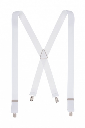 Plain White Trouser Braces with 4 Silver Clips